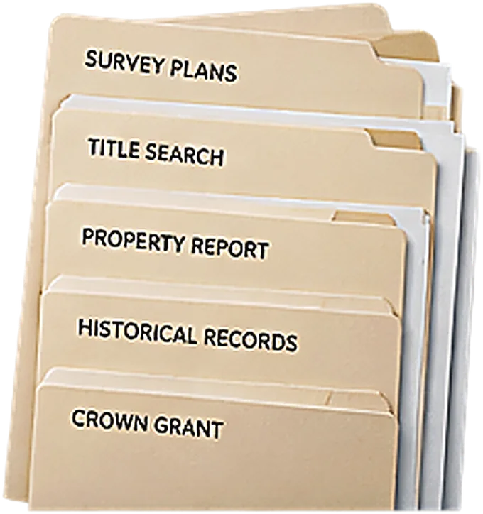 Illustrative tabbed folders for Crown Grants, historical records, title searches and survey plans