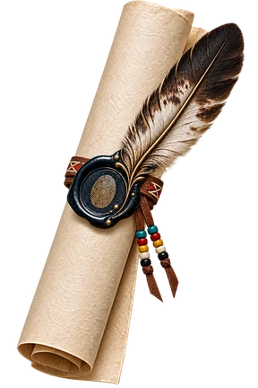 Illustrative parchment scroll with a feather and wax seal