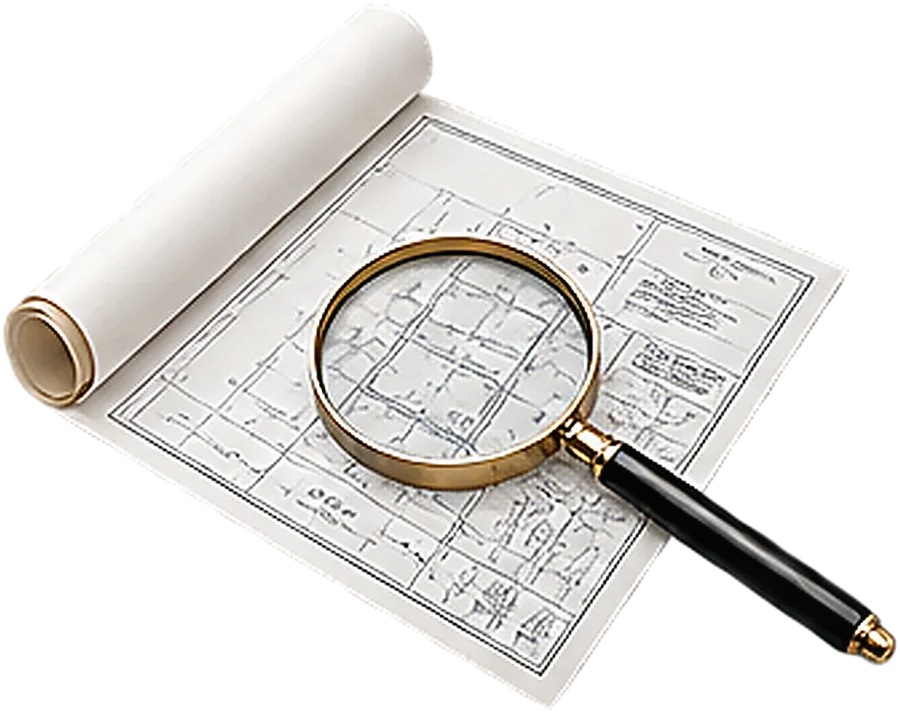 Illustrative survey plan and parcel map examined with a magnifying glass
