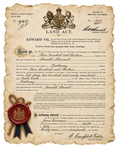 Illustrative historical Crown Grant document with a royal crest and wax seal